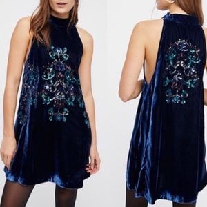 Free People Navy Blue Velvet Sequin Swing Dress-XS